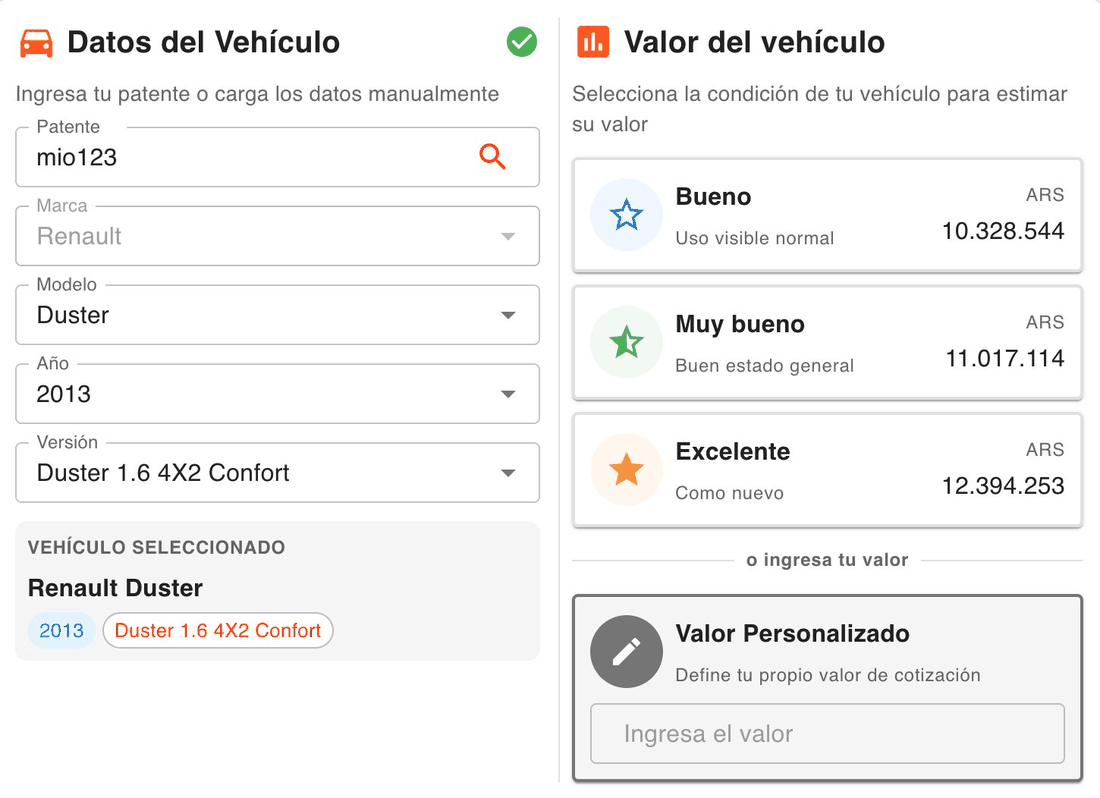 Cotizador por patente de deConcesionarias: datos del vehículo Renault Duster y valor estimado del usado